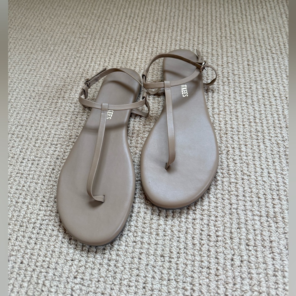 TKEES Beige Mariana t-strap sandals.